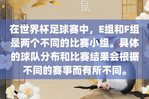 在世界杯足球赛中，E组和F组是两个不同的比赛小组。具体的球队分布和比赛结果会根据不同的赛事而有所不同。