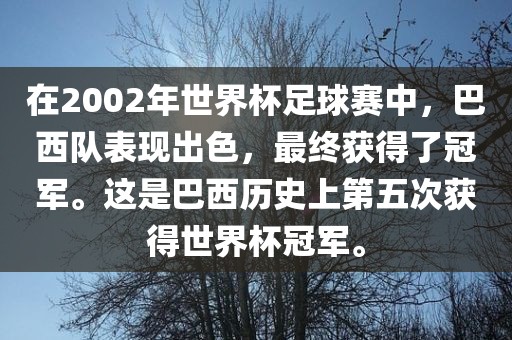 在2002年世界杯足球赛中，巴西队表现出色，最终获得了冠军。这是巴西历史上第五次获得世界杯冠军。