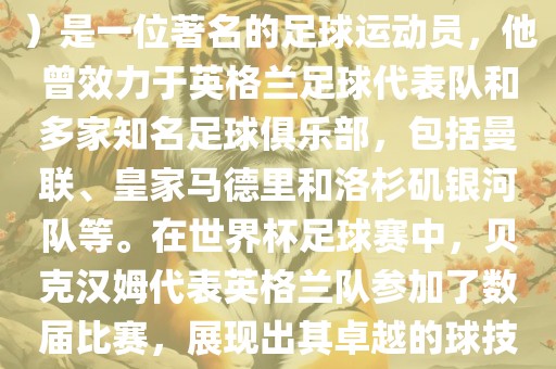 贝克汉姆（David Beckham）是一位著名的足球运动员，他曾效力于英格兰足球代表队和多家知名足球俱乐部，包括曼联、皇家马德里和洛杉矶银河队等。在世界杯足球赛中，贝克汉姆代表英格兰队参加了数届比赛，展现出其卓越的球技和魅力。