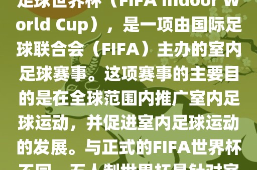 五人制世界杯，也被称为室内足球世界杯（FIFA Indoor World Cup），是一项由国际足球联合会（FIFA）主办的室内足球赛事。这项赛事的主要目的是在全球范围内推广室内足球运动，并促进室内足球运动的发展。与正式的FIFA世界杯不同，五人制世界杯是针对室内足球的比赛。