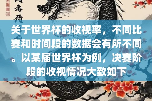 关于世界杯的收视率，不同比赛和时间段的数据会有所不同。以某届世界杯为例，决赛阶段的收视情况大致如下