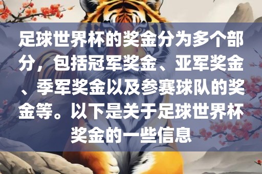 足球世界杯的奖金分为多个部分，包括冠军奖金、亚军奖金、季军奖金以及参赛球队的奖金等。以下是关于足球世界杯奖金的一些信息