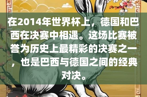 在2014年世界杯上，德国和巴西在决赛中相遇。这场比赛被誉为历史上最精彩的决赛之一，也是巴西与德国之间的经典对决。