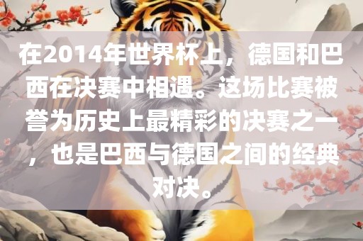 在2014年世界杯上，德国和巴西在决赛中相遇。这场比赛被誉为历史上最精彩的决赛之一，也是巴西与德国之间的经典对决。
