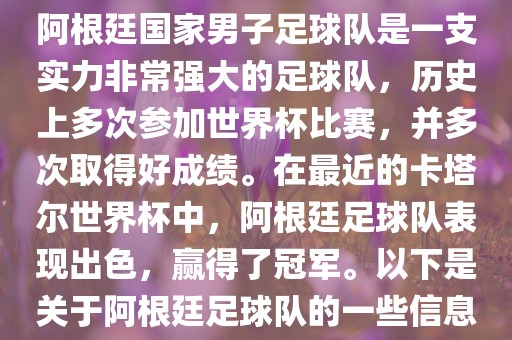 阿根廷国家男子足球队是一支实力非常强大的足球队，历史上多次参加世界杯比赛，并多次取得好成绩。在最近的卡塔尔世界杯中，阿根廷足球队表现出色，赢得了冠军。以下是关于阿根廷足球队的一些信息