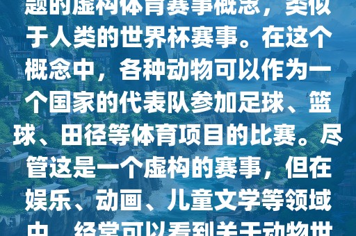 动物世界杯是一个以动物为主题的虚构体育赛事概念，类似于人类的世界杯赛事。在这个概念中，各种动物可以作为一个国家的代表队参加足球、篮球、田径等体育项目的比赛。尽管这是一个虚构的赛事，但在娱乐、动画、儿童文学等领域中，经常可以看到关于动物世界杯的故事和情节。