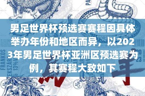 男足世界杯预选赛赛程因具体举办年份和地区而异，以2023年男足世界杯亚洲区预选赛为例，其赛程大致如下
