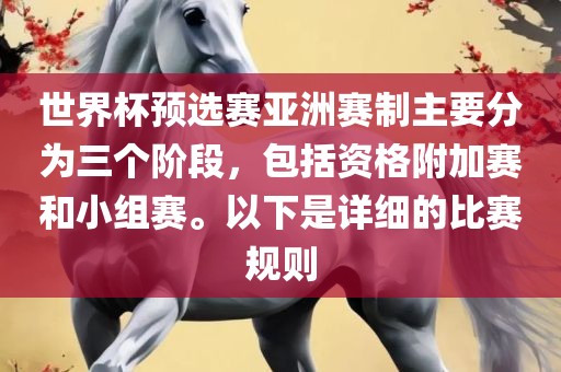 世界杯预选赛亚洲赛制主要分为三个阶段，包括资格附加赛和小组赛。以下是详细的比赛规则